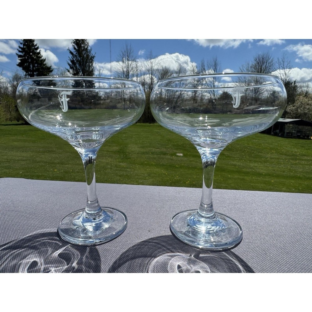 Set of 2 Pasabahce Coupe Glasses Monogram Champagne Cocktail 5.5" EUC!
